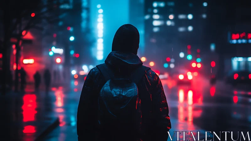 Hooded pedestrian walks on wet neon lit city street at night