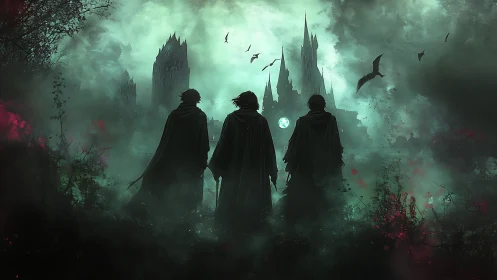 Hooded figures approach ruined gothic citadel under eerie moon