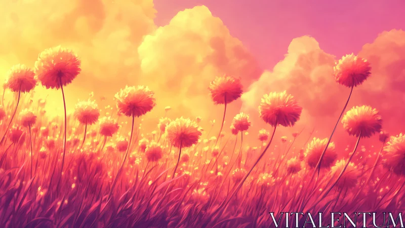 Sunlit dandelion field glows beneath radiant clouded sky