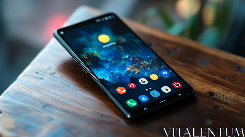 Modern Android Smartphone with Nocturnal Interface Design Displaying Celestial Wallpaper