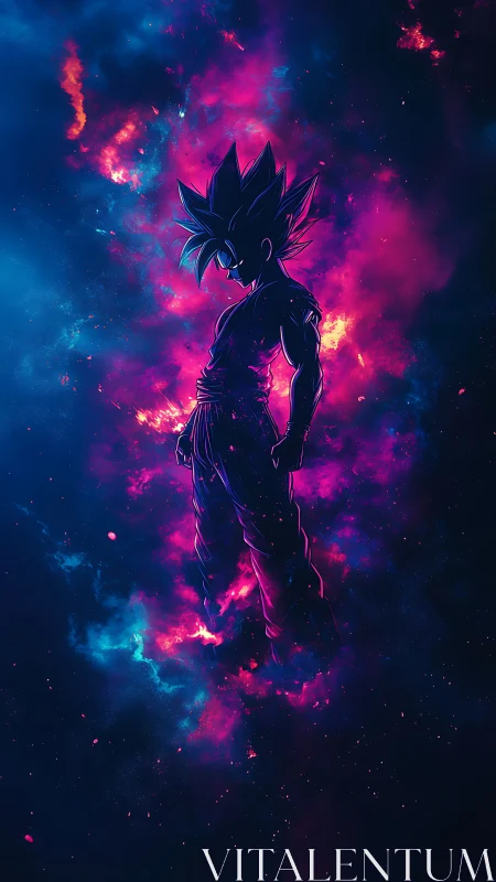 Stellar warrior silhouette adrift in neon galactic fire.