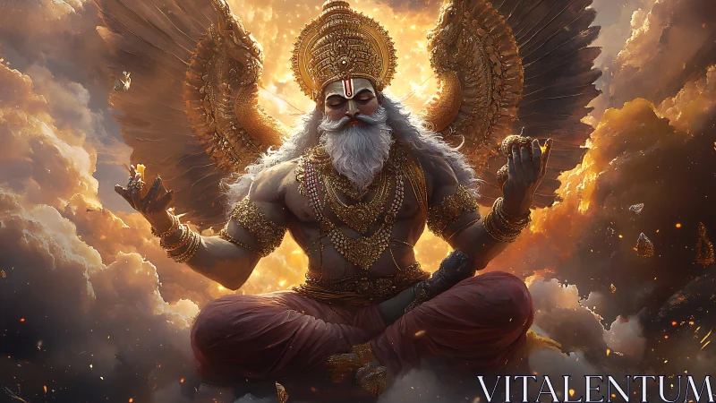 Winged celestial yogi in luminous atmospheric turbulence.