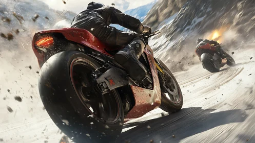 Snow-scorched superbikes carve chaos through a blazing pass.