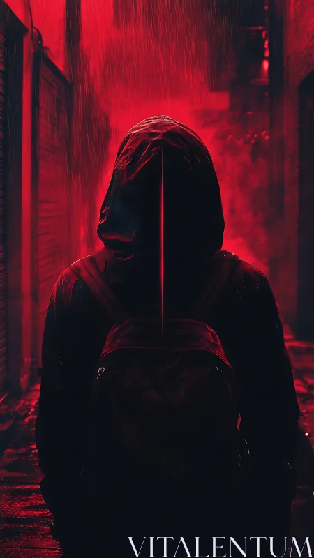 Hooded figure stalks neon alley under blood red rain.
