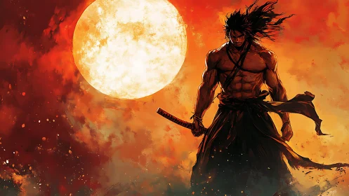 Digital painting of lone samurai under blazing full moon at dusk.