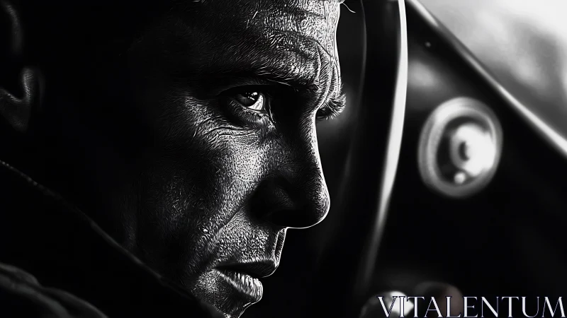High-contrast monochrome portrait isolates tense driver’s profile
