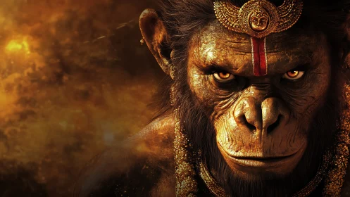 Golden warrior ape portrait with intense glowing eyes.
