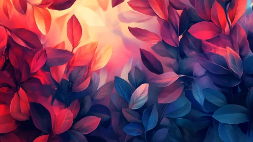 Glow of twilight leaves in soft pink, red, and deep blue.