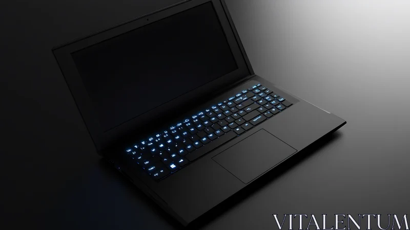 Black laptop with illuminated keyboard on dark surface.