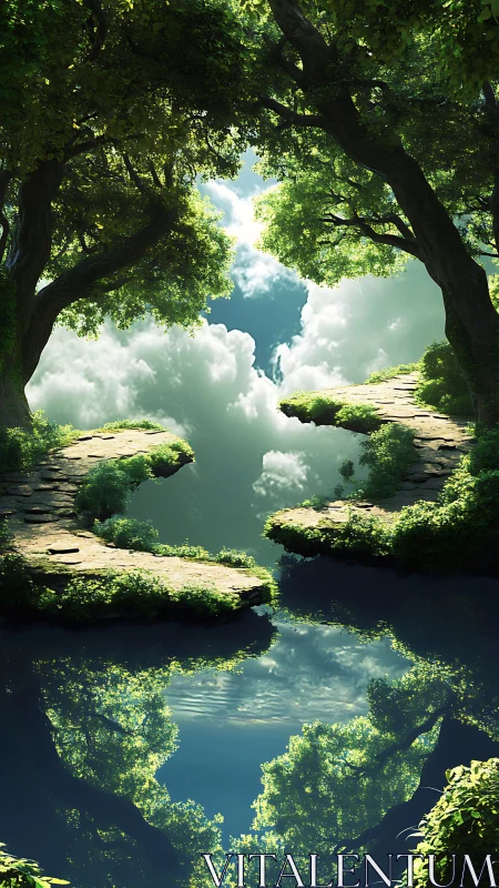 Skybridge forest portal with mirrored water reflections.