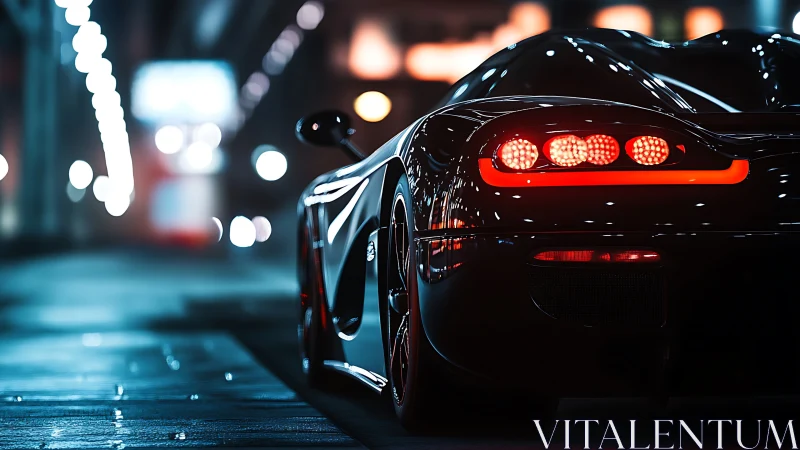 Sleek black supercar parked on wet city street at night.