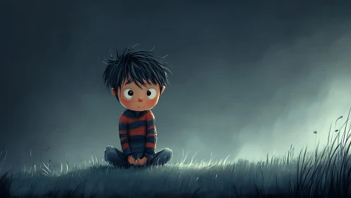 Quiet little dreamer sits under a moody evening sky