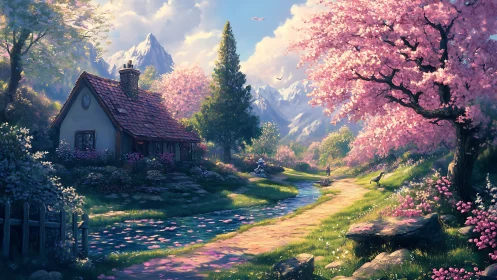 Springtime cottage beside a cherry blossom mountain stream.