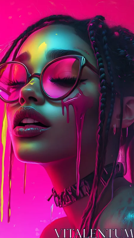 Neon portrait of woman in glasses with melting paint overlay.