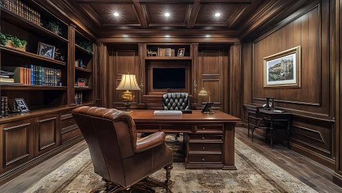 Classical executive wood-paneled office in photorealistic rendering.