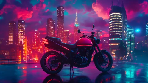 Cyberpunk street bike silhouette in neon-soaked skyline framing.