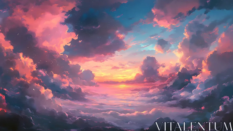 Radiant cloudscape sunset above horizon in vivid pastels.