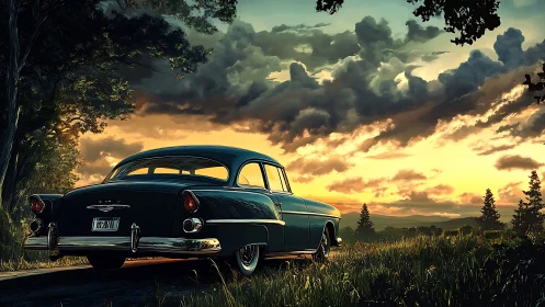 Classic sedan parked in rural field at sunset horizon.