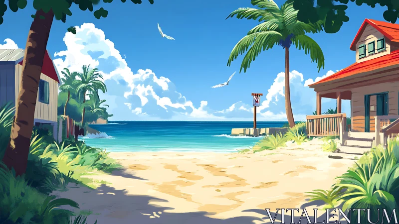 Tropical Beach Cottage Community Rendered in Animated Style.