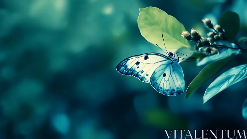 Moonlit glasswing butterfly resting in teal forest hush.