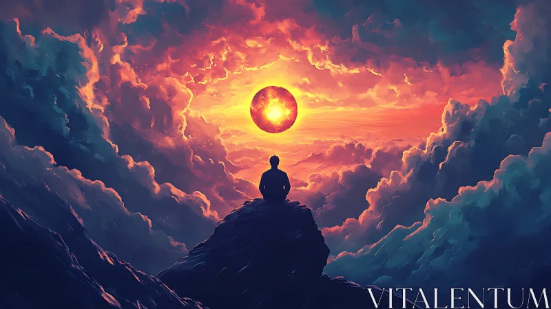 Silhouette observes central glowing orb amid dense clouds