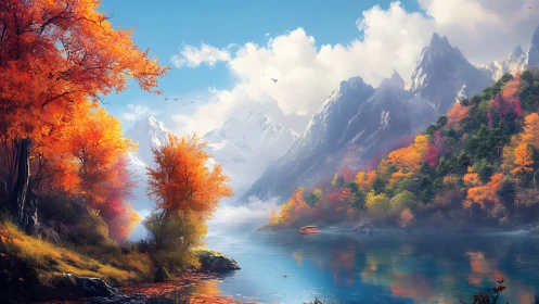 Autumn mountain lake with misty peaks and vivid foliage.