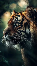 Forest ember tiger gazes through dusk-kissed shadows.