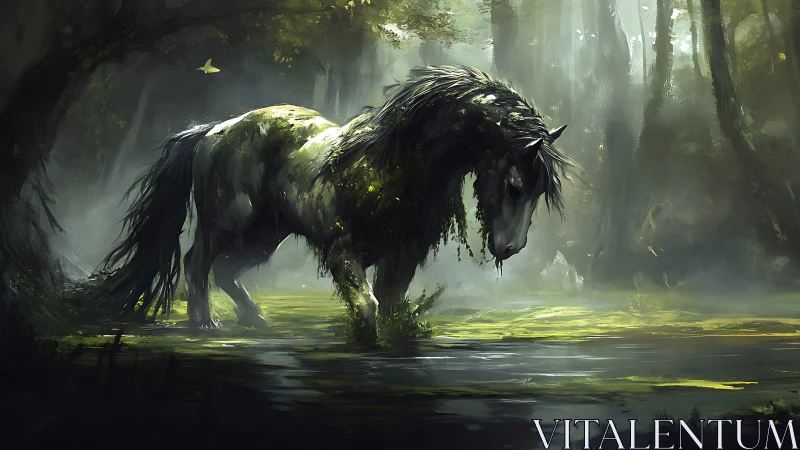 Digital painting of moss-clad forest horse in luminous marshland.
