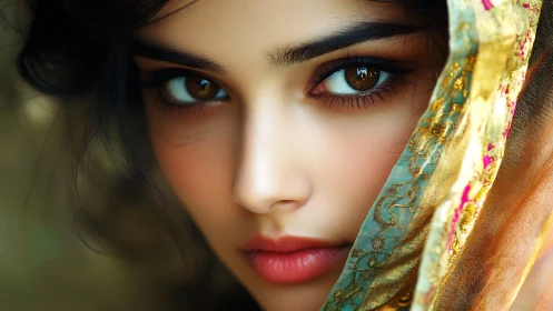 Close-up digital portrait of woman with ornate headscarf.