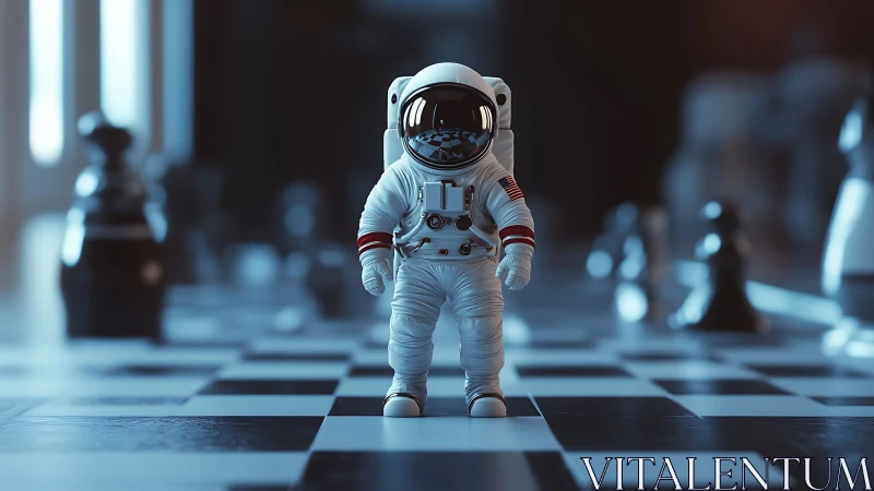 3D astronaut figurine on cinematic chessboard ground plane.