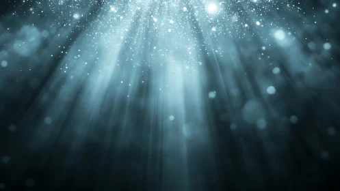 Ethereal Rays of Light and Floating Particles in Abstract Blue Scene.