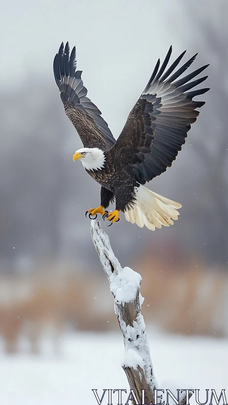 Bald eagle extends wings while landing on snowy tree perch