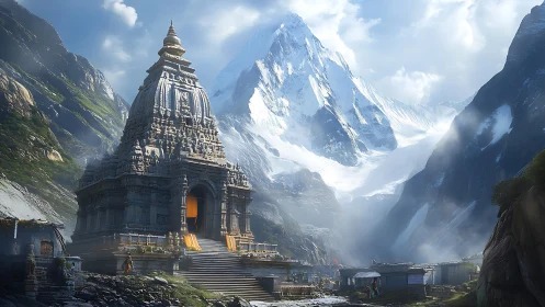 Mountain temple sanctuary beneath towering snow peak.