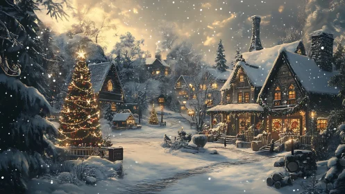 Snow-covered village street with lit houses and tree at dusk.