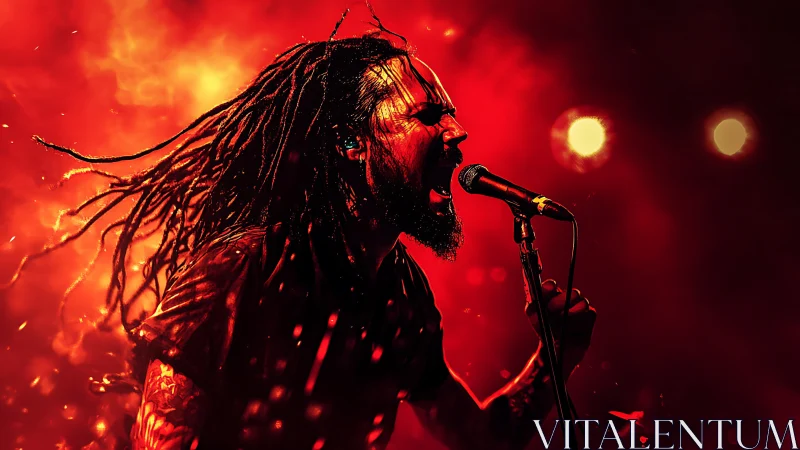 Rock vocalist screams into stage microphone under red lights