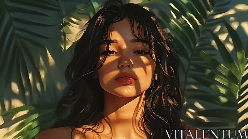Sun-dappled muse in lush tropical palm light study.
