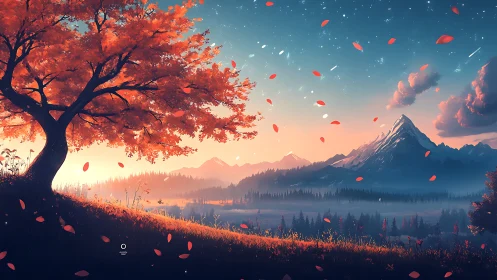 Autumn tree overlooks glowing valley beneath starlit dusk sky