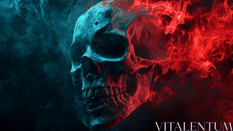 Human skull render is enveloped by blue and red volumetric smoke
