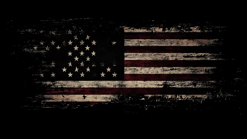 Weathered American flag with grunge texture on black field.