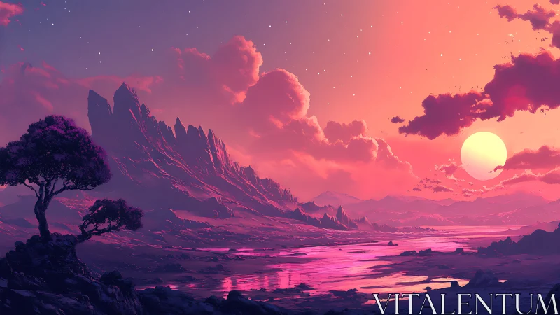 Dreamy alien sunset bathes jagged mountains in soft glow