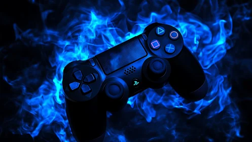 Midnight gamepad drifts through electric blue digital flames