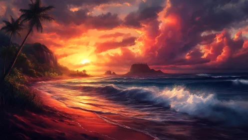 Glowing tropical shoreline under a dramatic sunset sky.