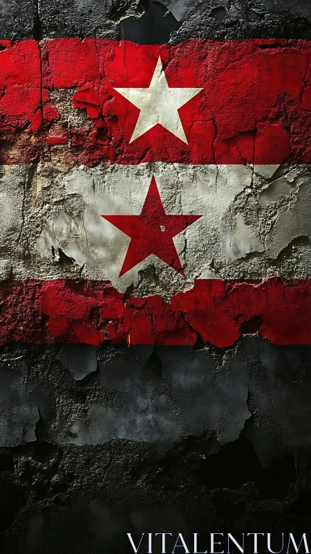 Weathered red star banner peels across a cracked concrete wall