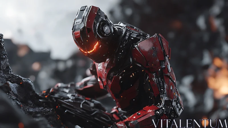 Battle-worn red exosuit sentinel in volcanic debris field