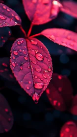 Crimson leaf catches raindrop constellations in neon hush