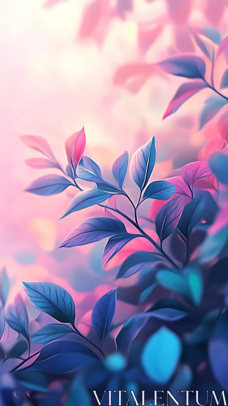 Colorful leaves against soft pink and purple background.