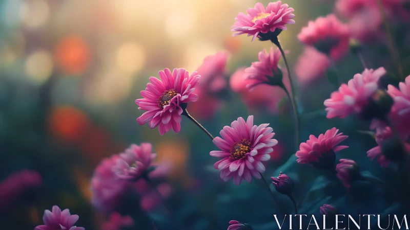 Pink gerbera daisies with selective focus and bokeh backdrop