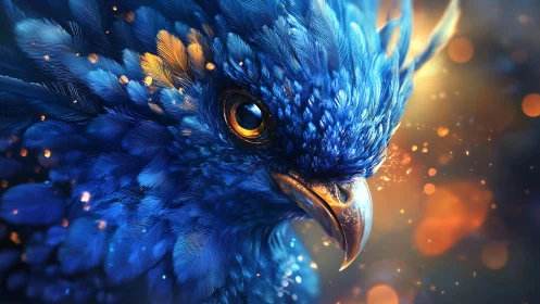 Vivid Blue Bird Close-Up in Magical Light, Digital Art Style.