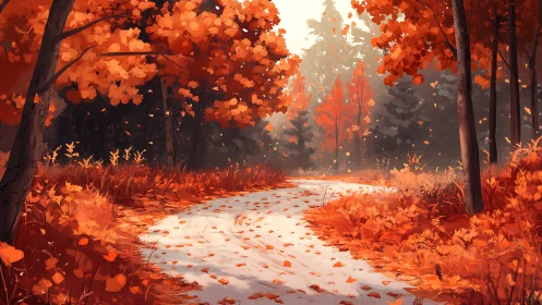 Autumn Forest Pathway Under Warm Canopy With Falling Leaves Dynamic Scene