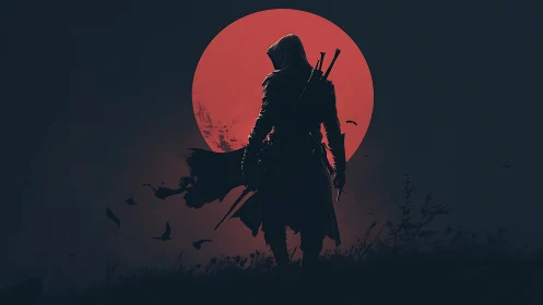 Hooded warrior silhouette stands before large red sun